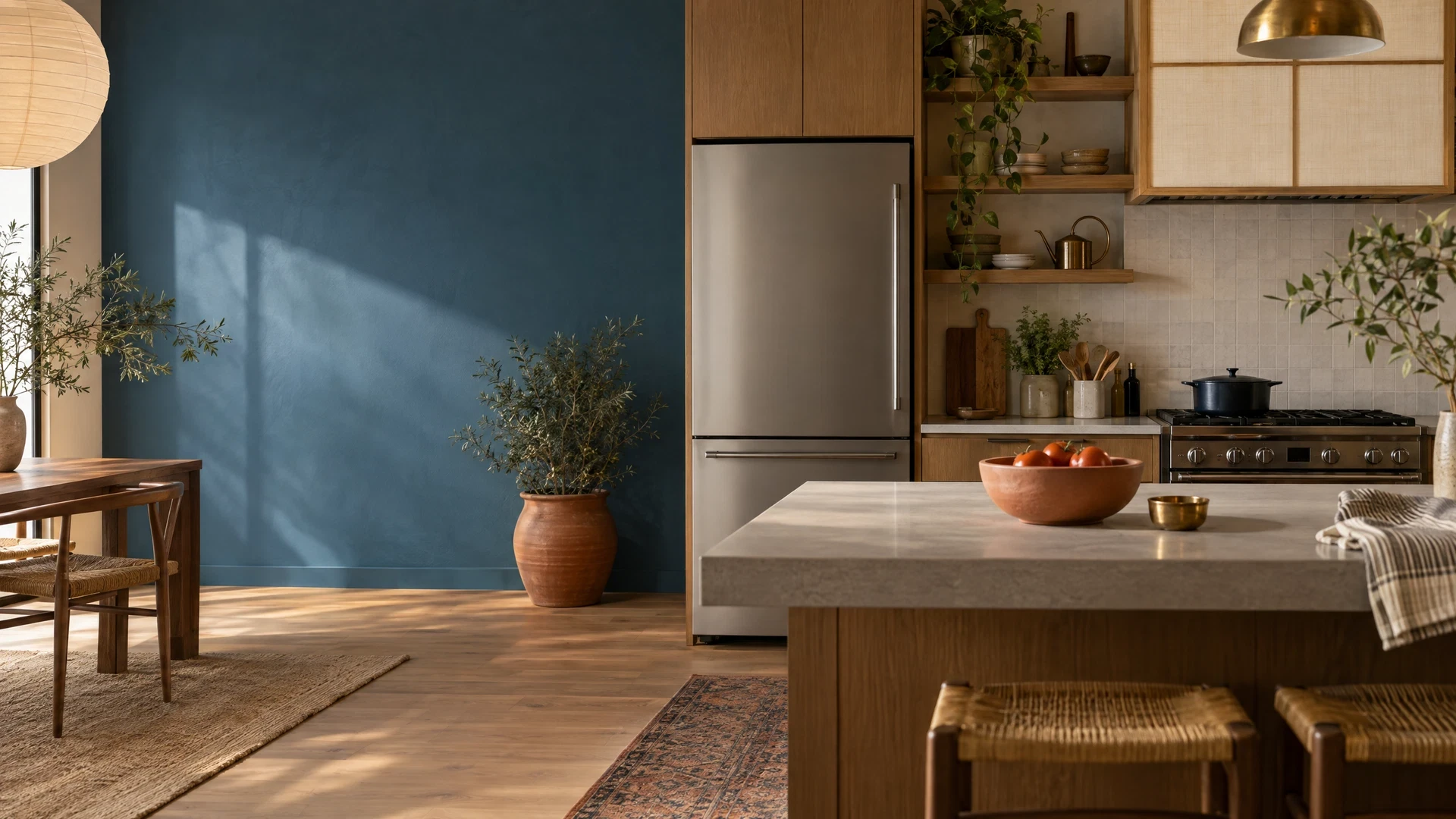 Calm kitchen with generic refrigerator and stove silhouettes in marine and warm tones