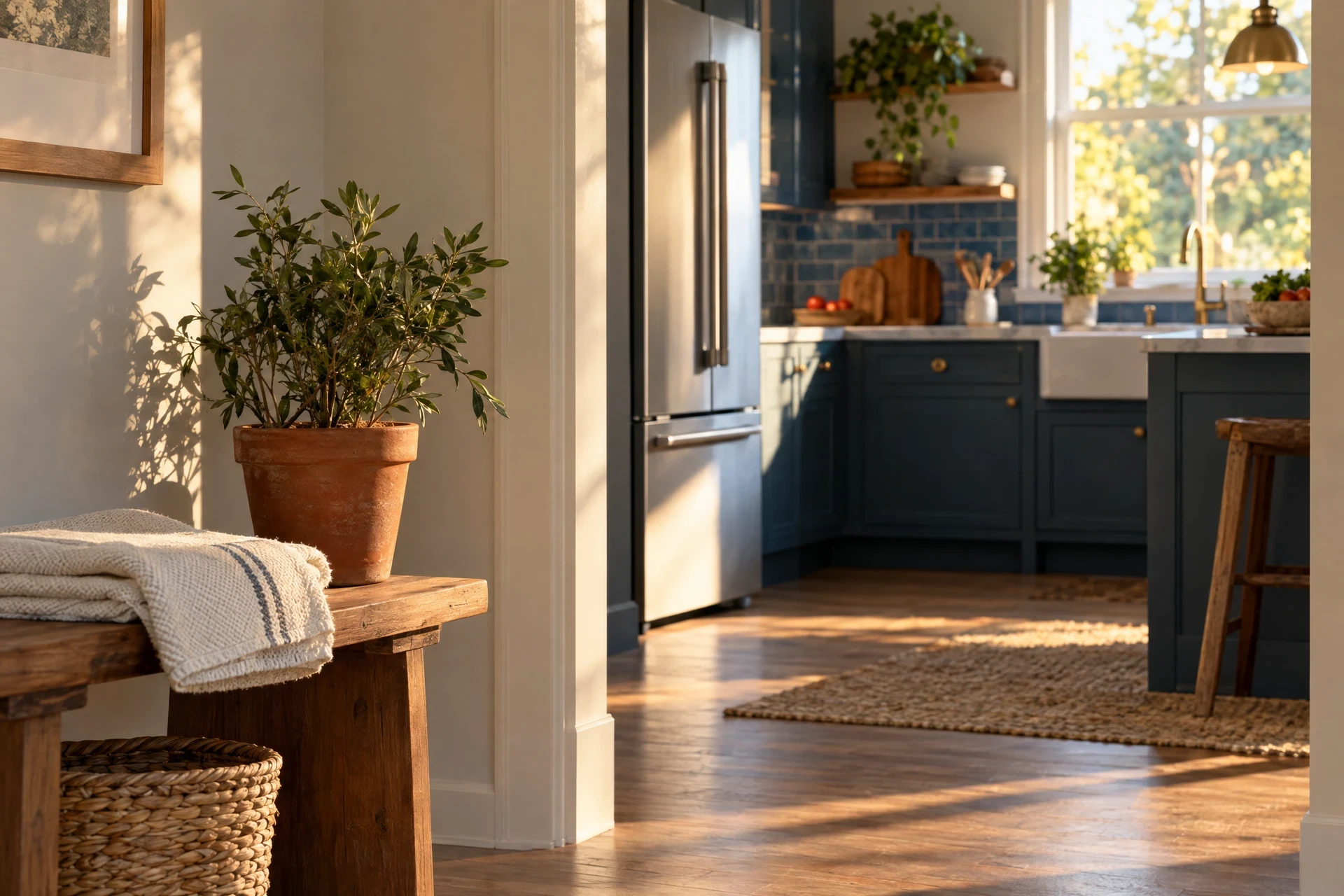 Quiet entry to kitchen with generic appliance silhouette in warm afternoon