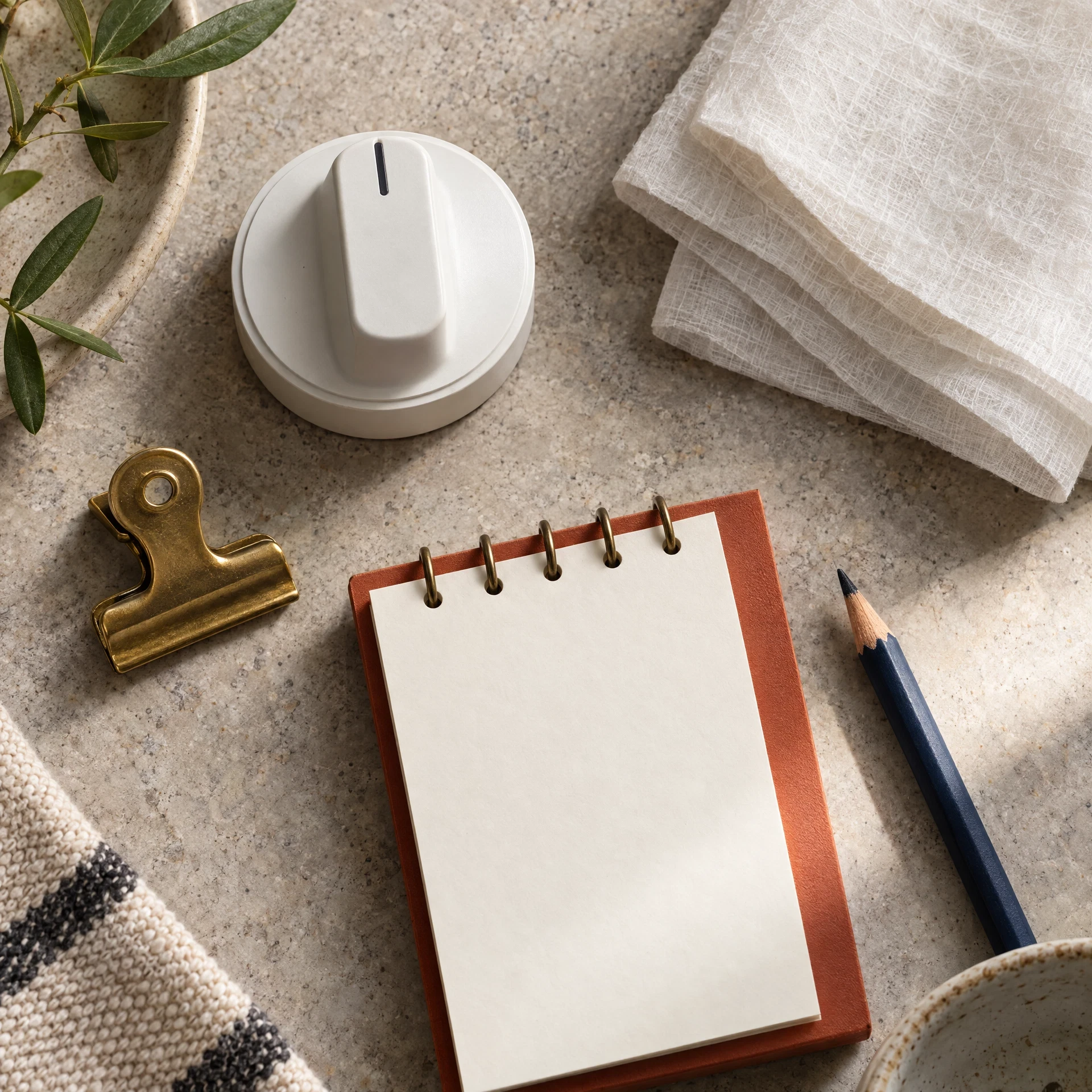 Generic appliance dial, brass clip and blank notebook on rice paper surface