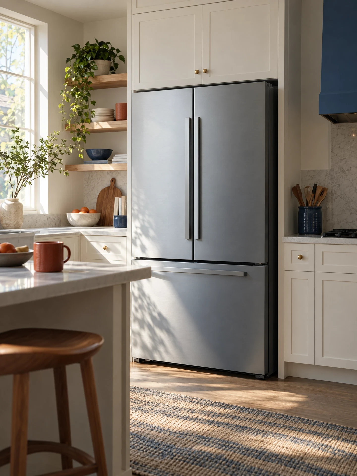 Generic unbranded refrigerator in a serene kitchen