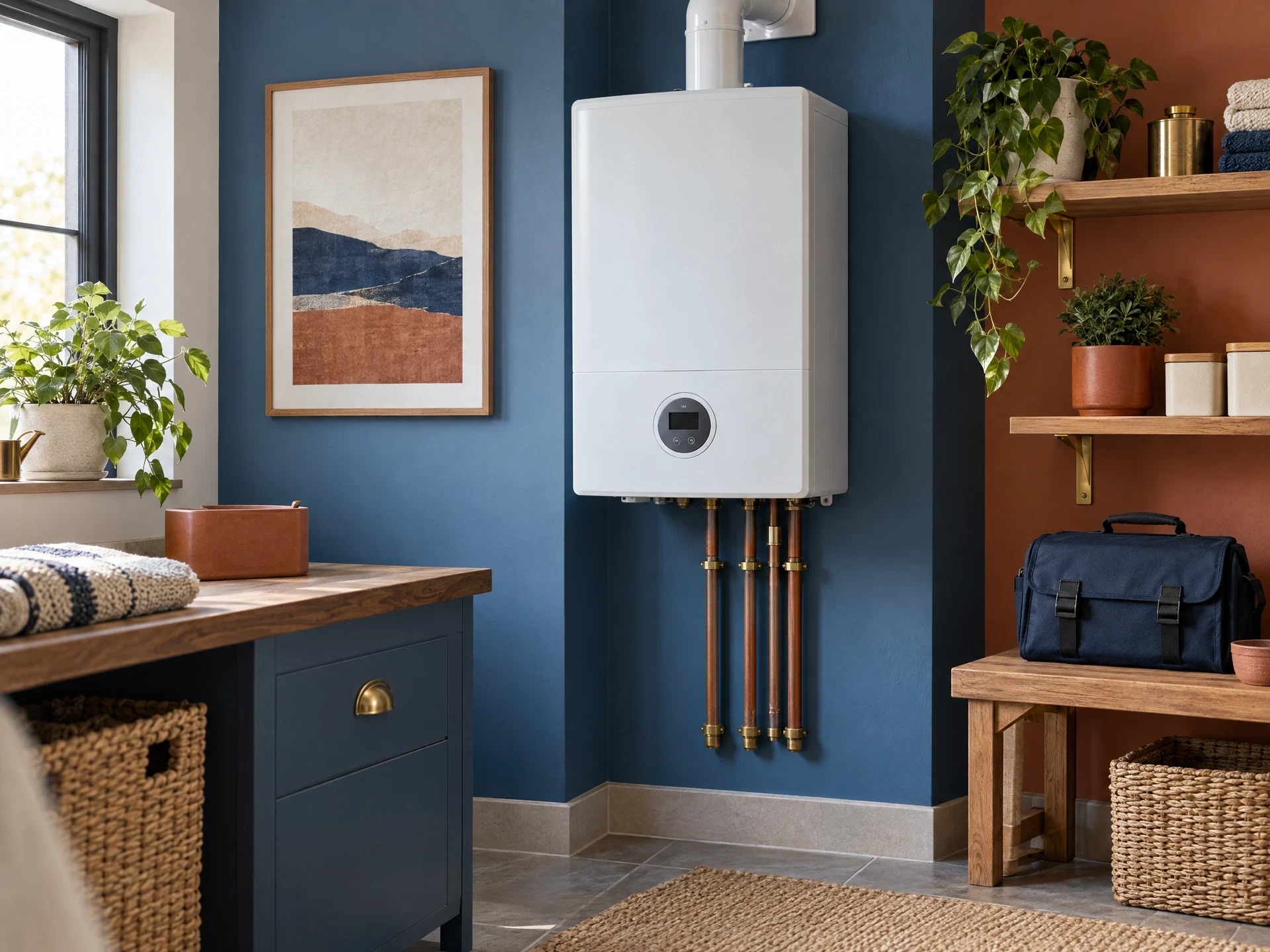 Generic hot water unit seen safely from a tidy utility corner