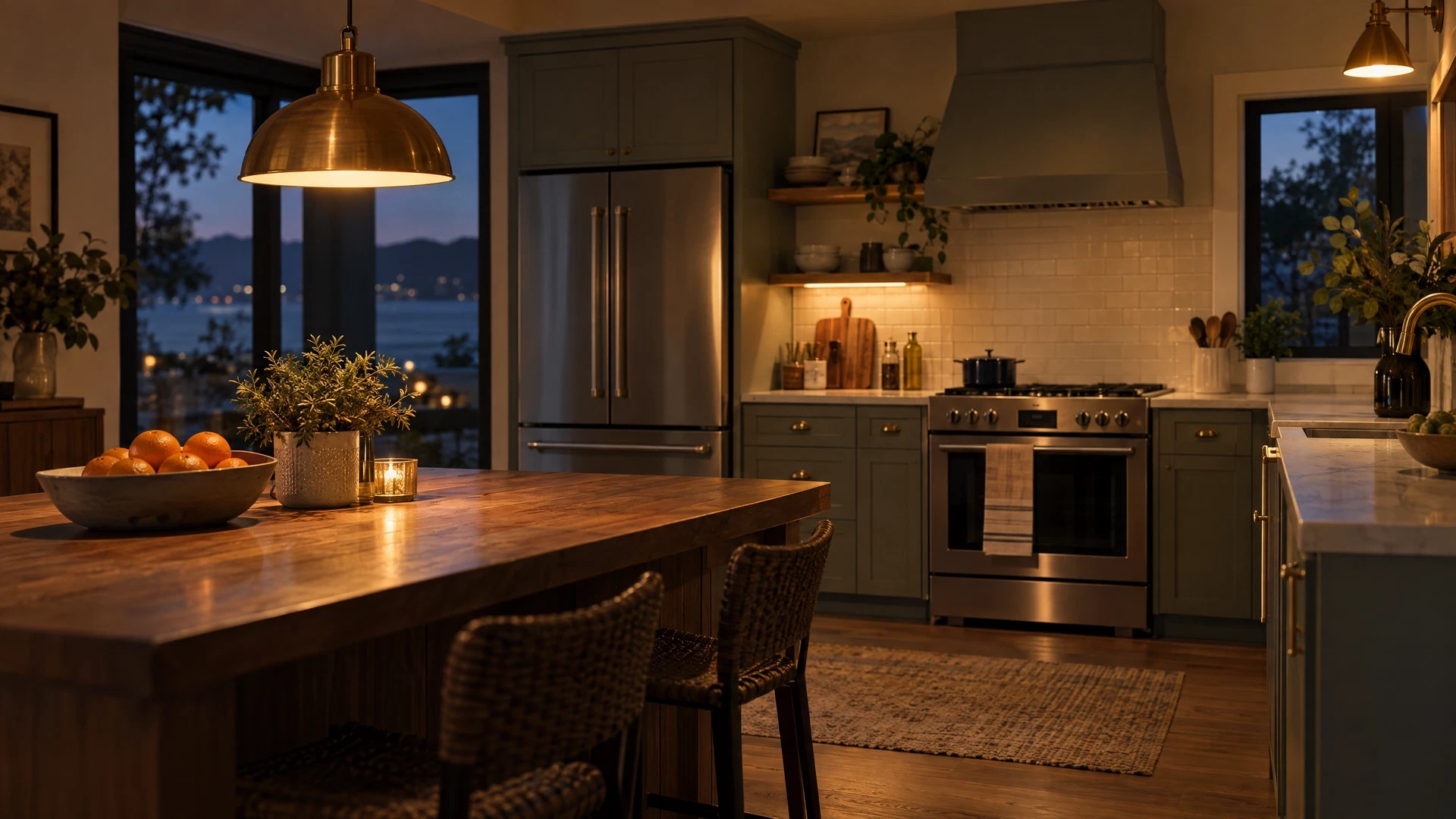 Softly lit evening kitchen with generic refrigerator and stove in distance