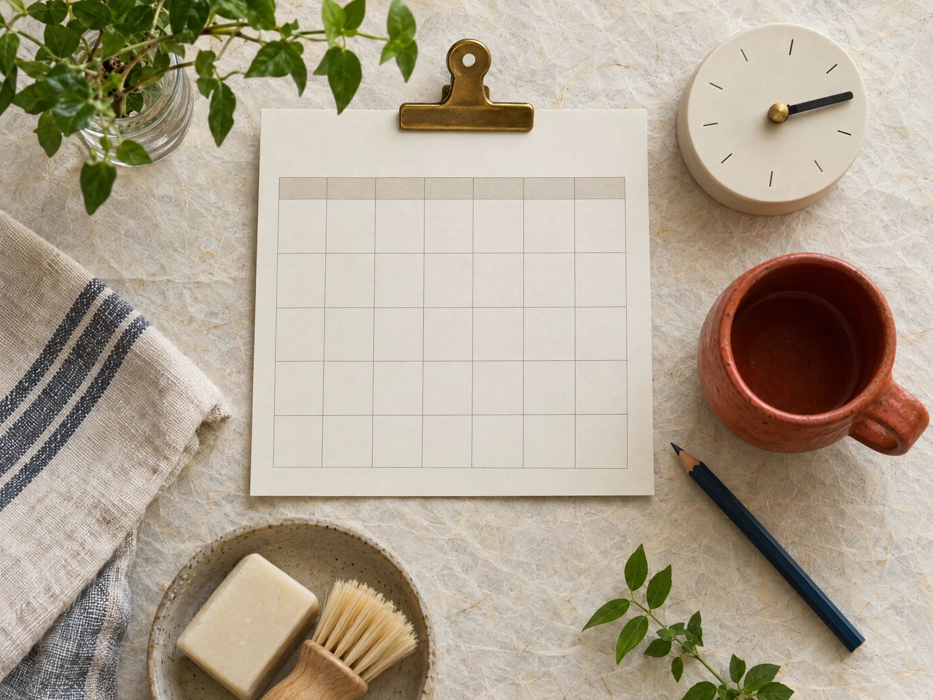 Blank calendar, simple dial shape and brass clip on rice paper
